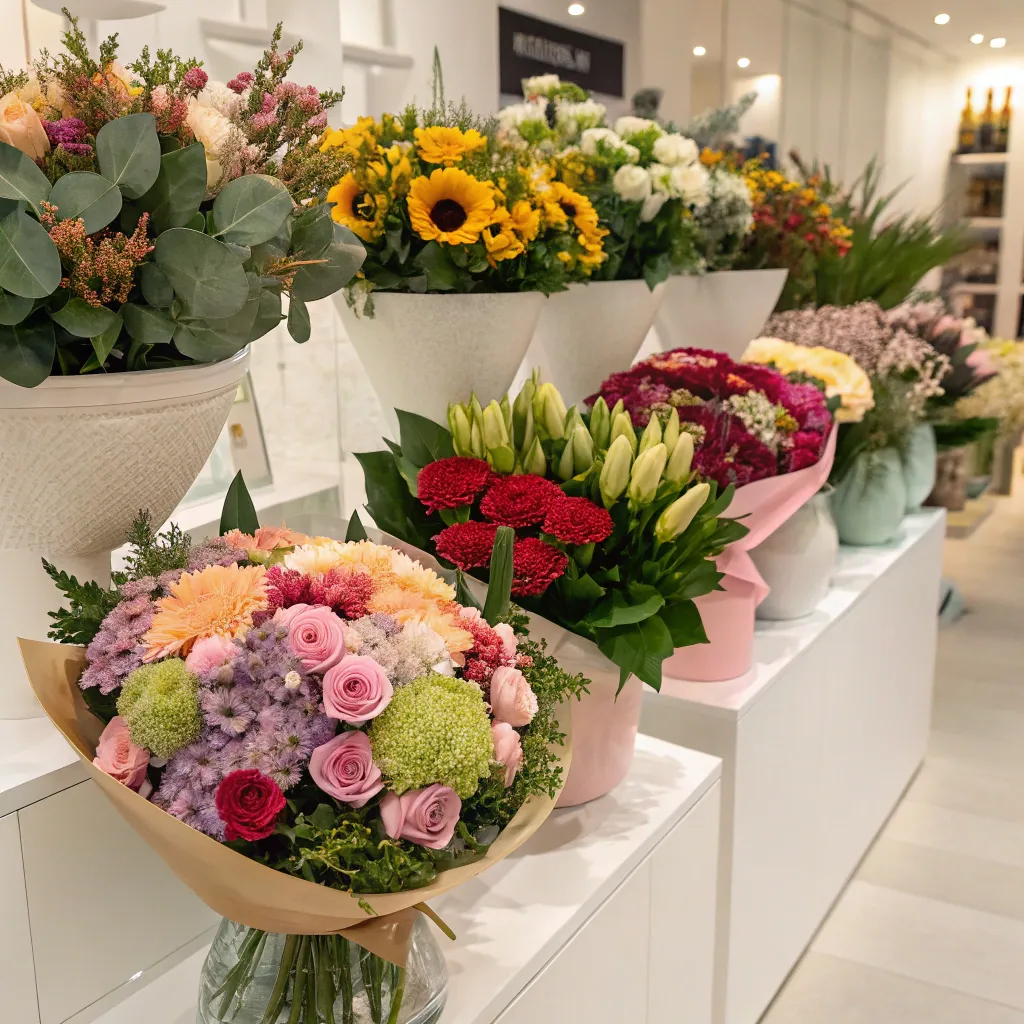 A beautiful display of assorted flower bouquets at the boutique