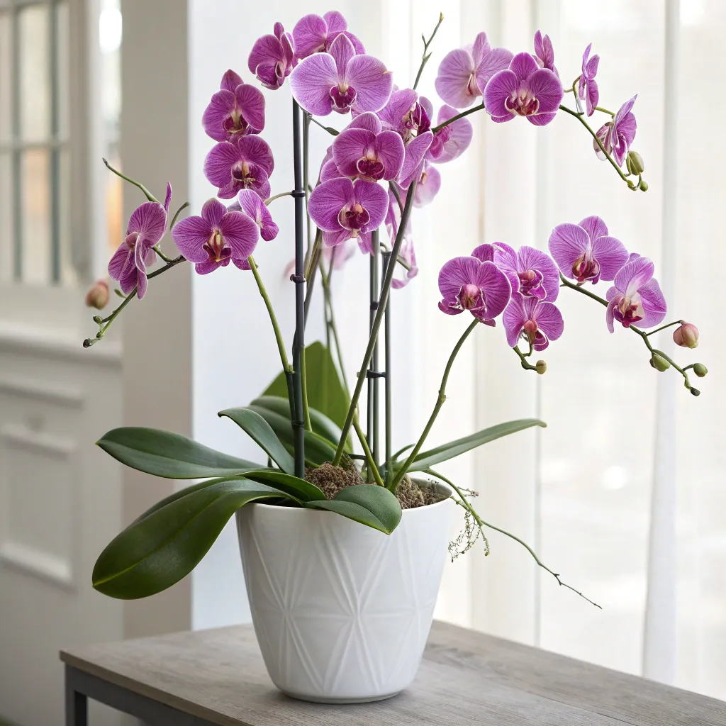 Exquisite purple orchid display in a sleek vase